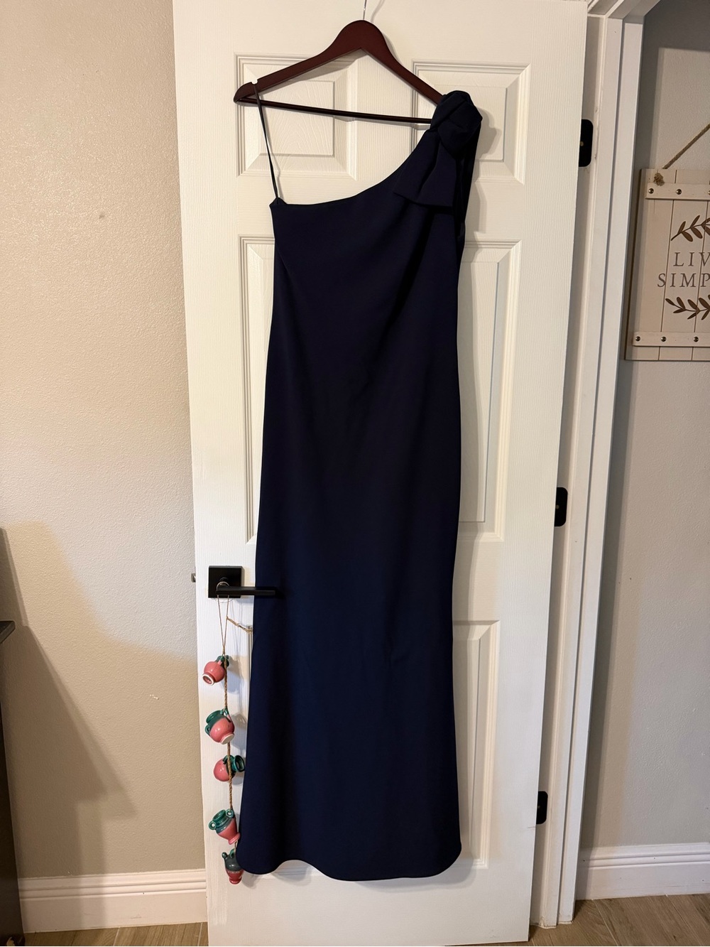 Aqua Navy One-Shoulder Gown with Shoulder Bow